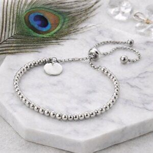 18K White Gold Plated Stainless Steel Beaded Bolo Bracelet Adjustable 9" Gift